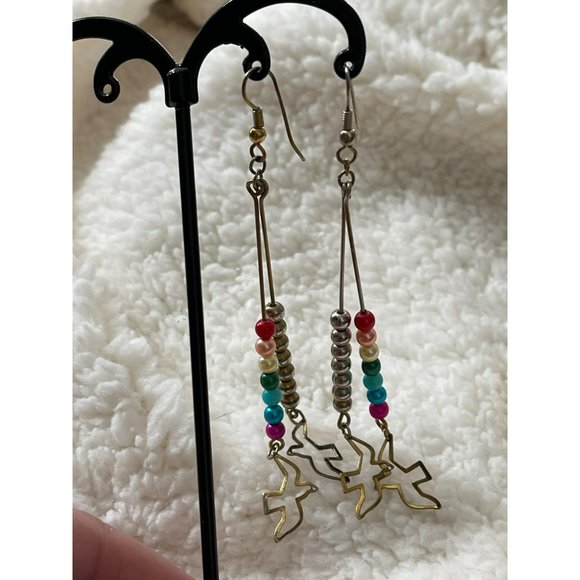 Vintage Silver Tone Beaded Dangle Bird Earrings & Semi Hoop Cream Bead Earrings - Picture 3 of 10